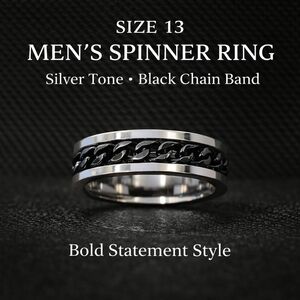 Brand New Men’s Size 13 Spinner Ring Silver Tone Black Chain Band Statement Ring